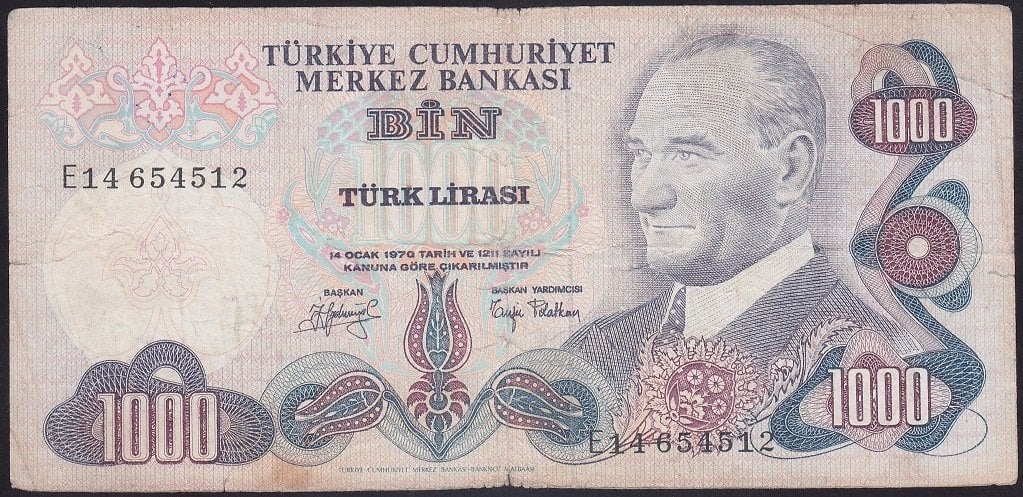 6.EMİSYON 2.TERTİP 1000 LİRA E14 654512 TEMİZ eski kağıt para değerleri