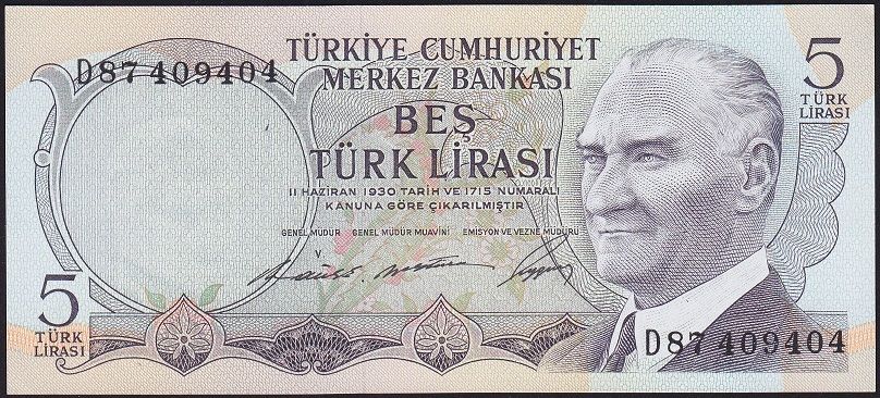 6.Emisyon 1.Tertip 5 Lira D87 409404 Çilaltı Çil