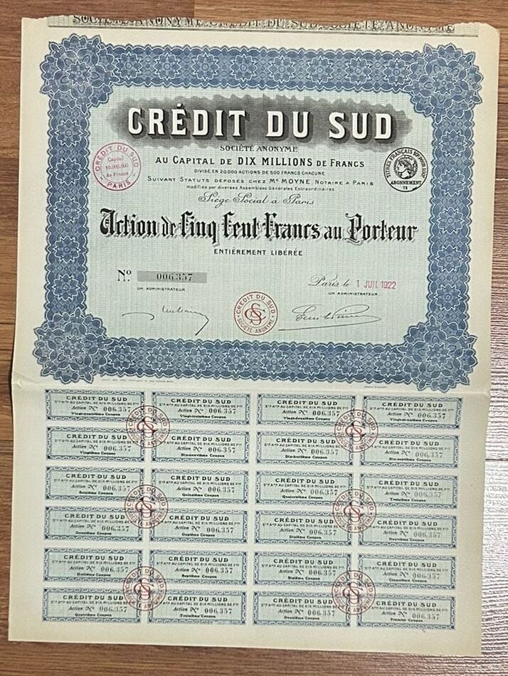 Hisse Senedi - Credit Du Sud 1922 ( 43,5 X 32,5 cm )