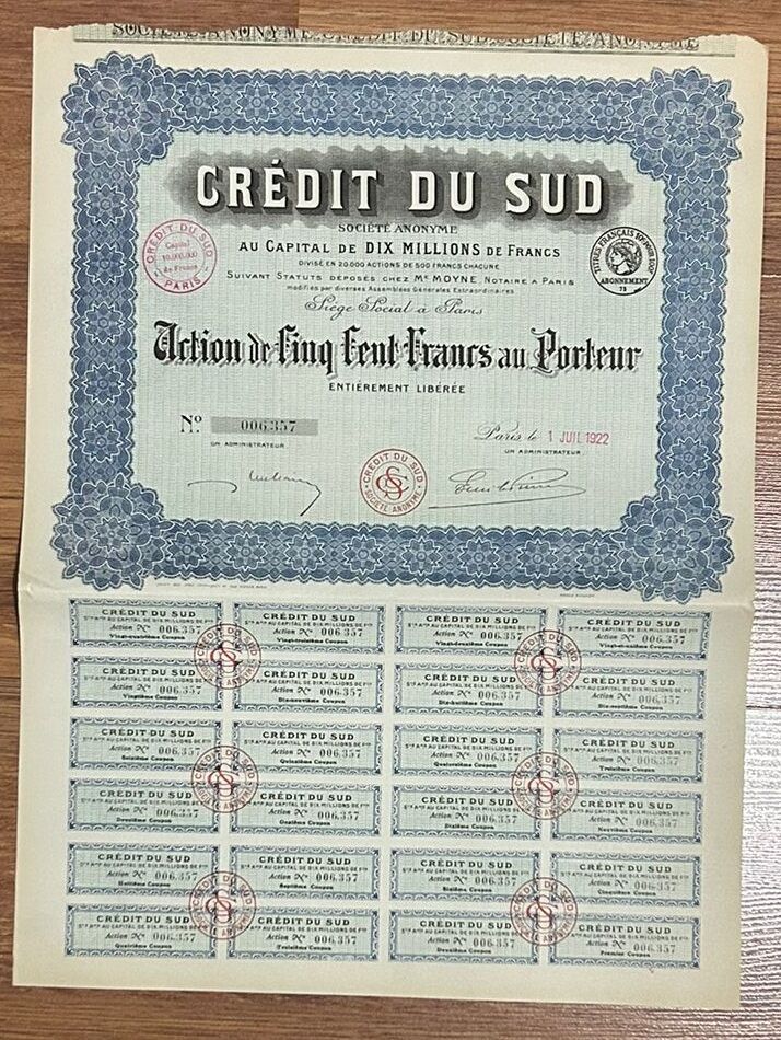 Hisse Senedi - Credit Du Sud 1922 ( 43,5 X 32,5 cm )