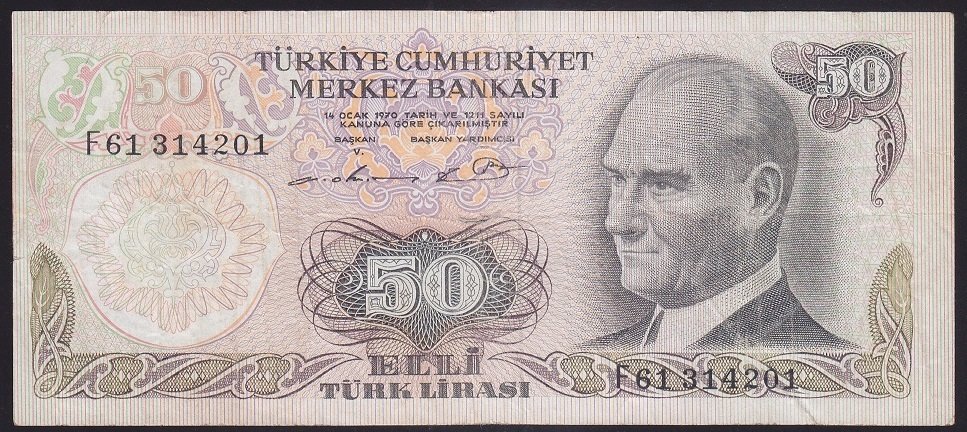6.EMİSYON 1.TERTİP 50 LİRA F61 314201 ÇOK TEMİZ