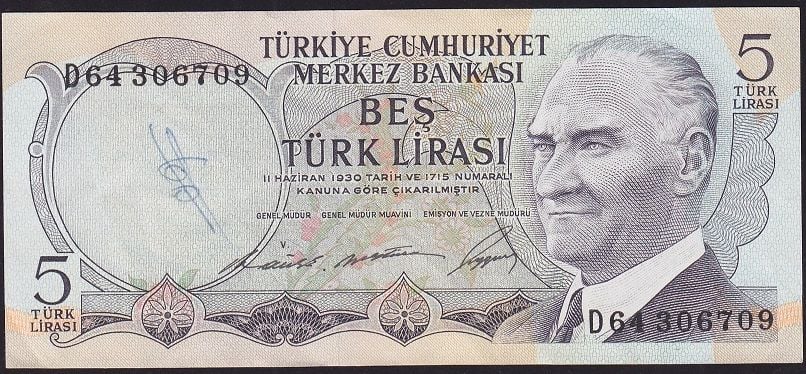 6.Emisyon 1.Tertip 5 Lira D64 306709 Çok Temiz+