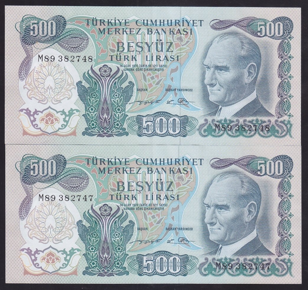 6.EMİSYON 2.TERTİP 500 LİRA M89 382747 - 48 SERİ TAKİPLİ  ÇİLALTI