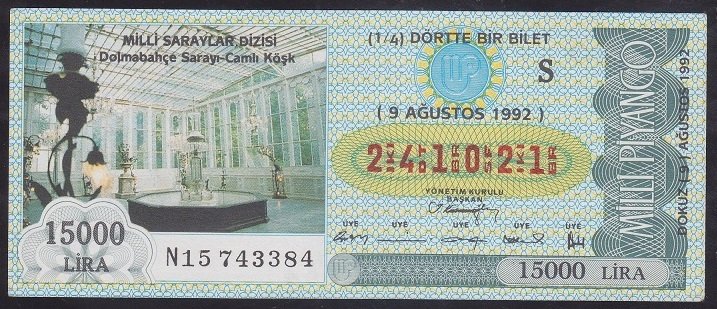1992 9 AĞUSTOS ÇEYREK BİLET S SERİSİ
