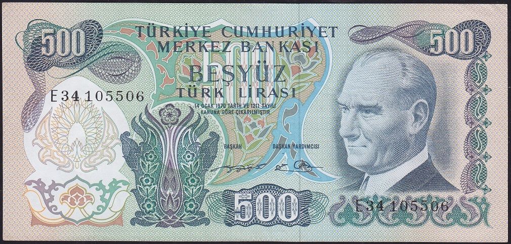 6.Emisyon 2.Tertip 500 Lira E34 105506 Çok Çok Temiz+