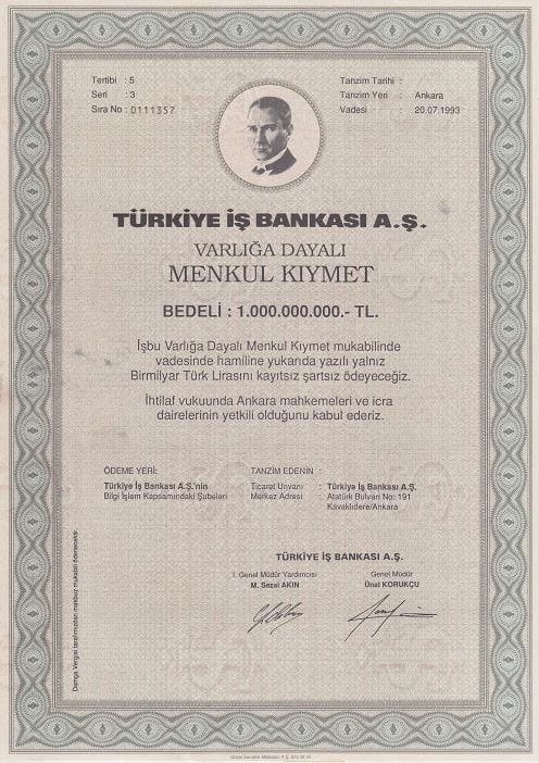 TÜRKİYE İŞ BANKASI MENKUL KIYMET 1000000000 LİRA