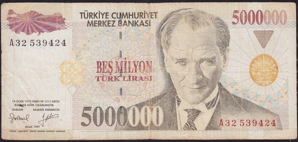 7.Emisyon 5 000 000 Lira A32 539424 Çok Temiz