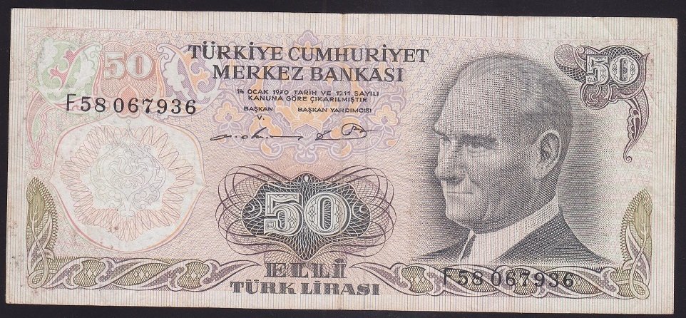6.EMİSYON 1.TERTİP 50 LİRA F58 067936 ÇOK TEMİZ