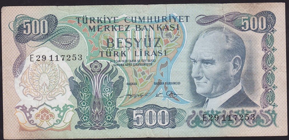 6.Emisyon 2.Tertip 500 Lira E29 117253 Temiz ( Sağ Kulak bölümünde açılma var )