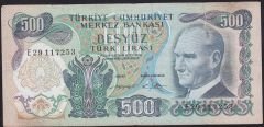 6.Emisyon 2.Tertip 500 Lira E29 117253 Temiz ( Sağ Kulak bölümünde açılma var )