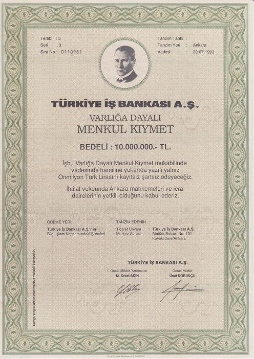TÜRKİYE İŞ BANKASI MENKUL KIYMET 10 000 000 LİRA