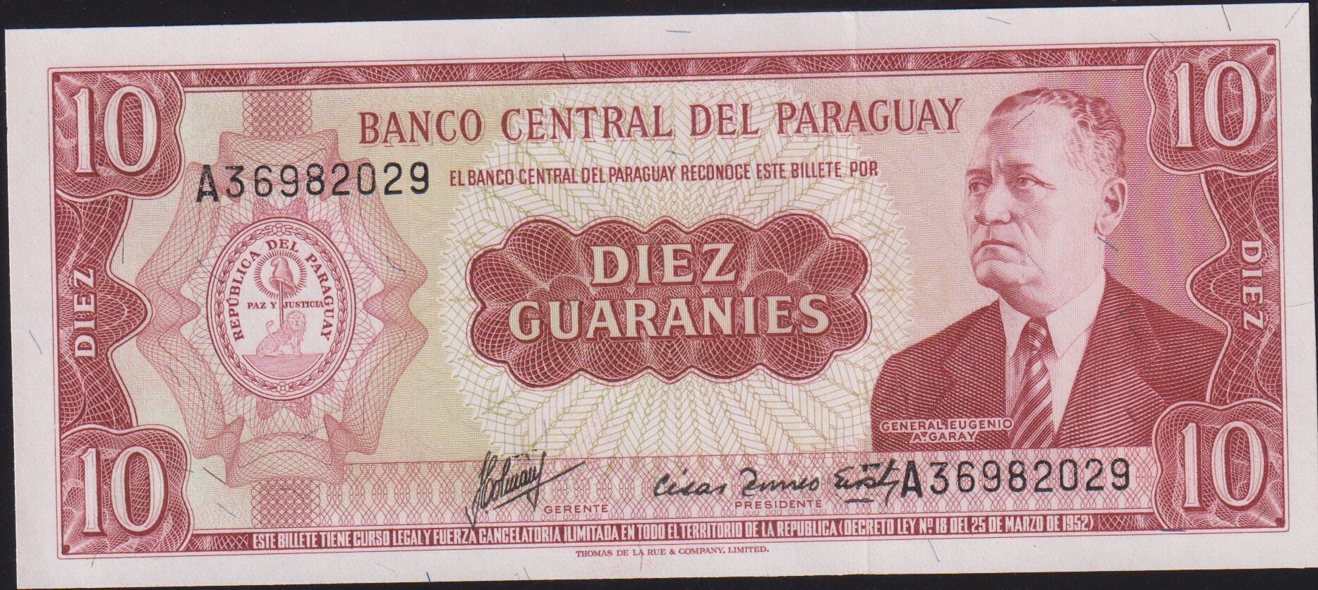 Paraguay 10 Guaranies 1952 Çil Pick 196b