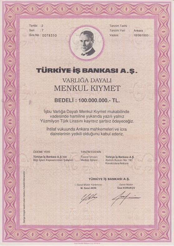 TÜRKİYE İŞ BANKASI MENKUL KIYMET 100 000 000 LİRA