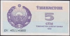 Özbekistan 5 Sum 1992 Çok Temiz+ Pick 63