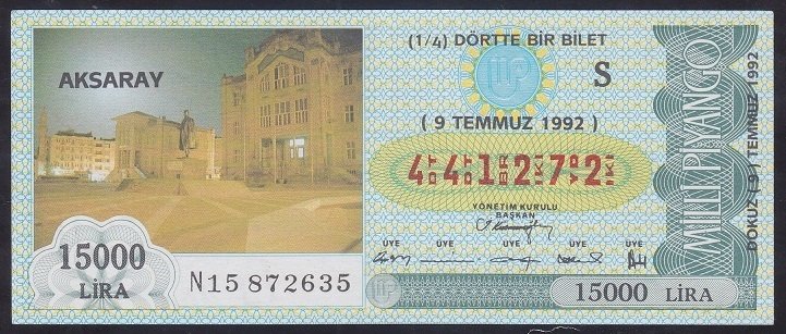 1992 9 TEMMUZ ÇEYREK BİLET S SERİSİ