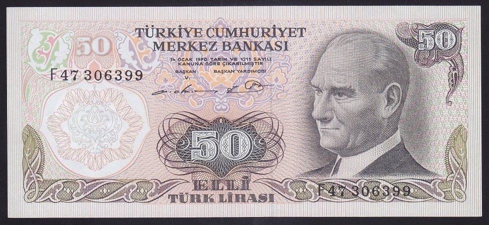 6.EMİSYON 1.TERTİP 50 LİRA F47 306399 ÇİLALTI ÇİL