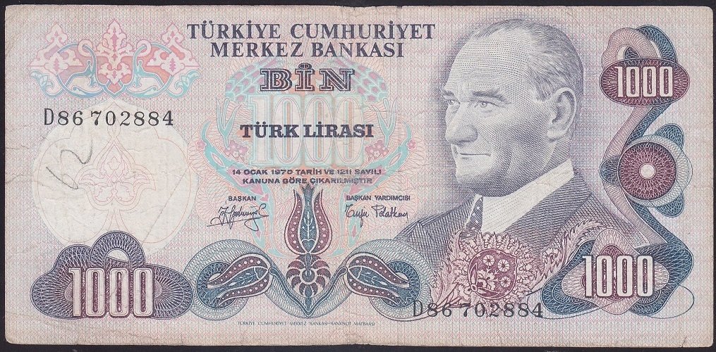 6.EMİSYON 2.TERTİP 1000 LİRA D86 702884 TEMİZ