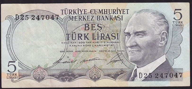 6.Emisyon 1.Tertip 5 Lira D25 247047 Çok Temiz+