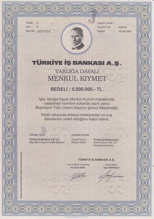 TÜRKİYE İŞ BANKASI MENKUL KIYMET 5 000 000 LİRA