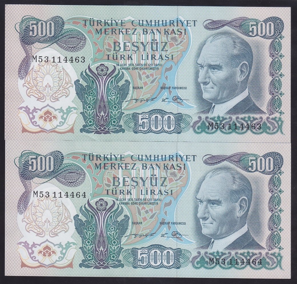 6.EMİSYON 2.TERTİP 500 LİRA M53 114463 - 64 SERİ TAKİPLİ ÇİL