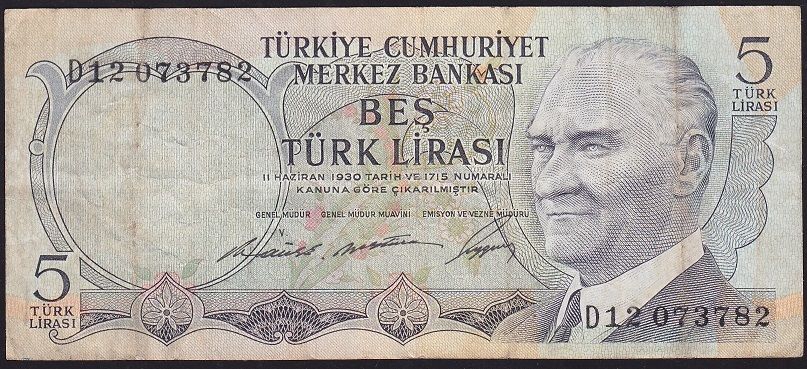 6.Emisyon 1.Tertip 5 Lira D12 073782 Çok Temiz