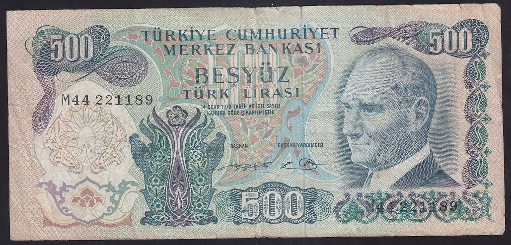 6.EMİSYON 2.TERTİP 500 LİRA M44 221190 TEMİZ eski kağıt para değerleri