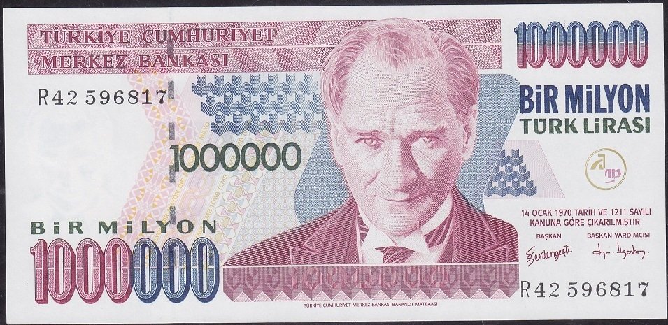 7.Emisyon 3.Tertip 1 000 000 Lira R42 596817 Çilatı