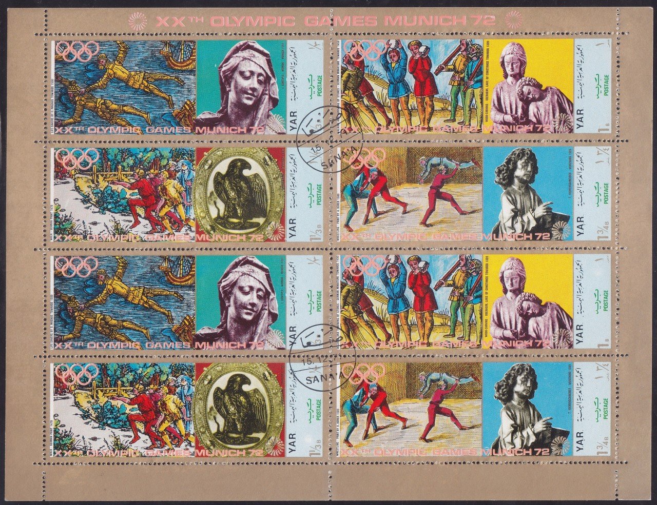 1971 YILI YEMEN  HATIRA PUL BLOĞU 1972 MÜNİH OLİMPİYATLARI ( 8 ADET ) ZAMKLI
