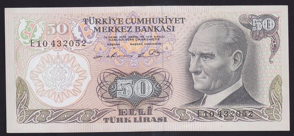 6.EMİSYON 1.TERTİP 50 LİRA E10 432052 ÇİLALTI eski koleksiyon para mezat