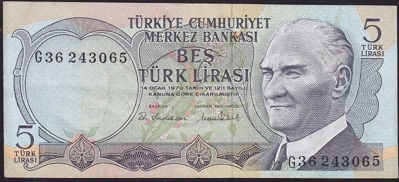 6.Emisyon 2.Tertip 5 Lira G36 243065 Çok Temiz+
