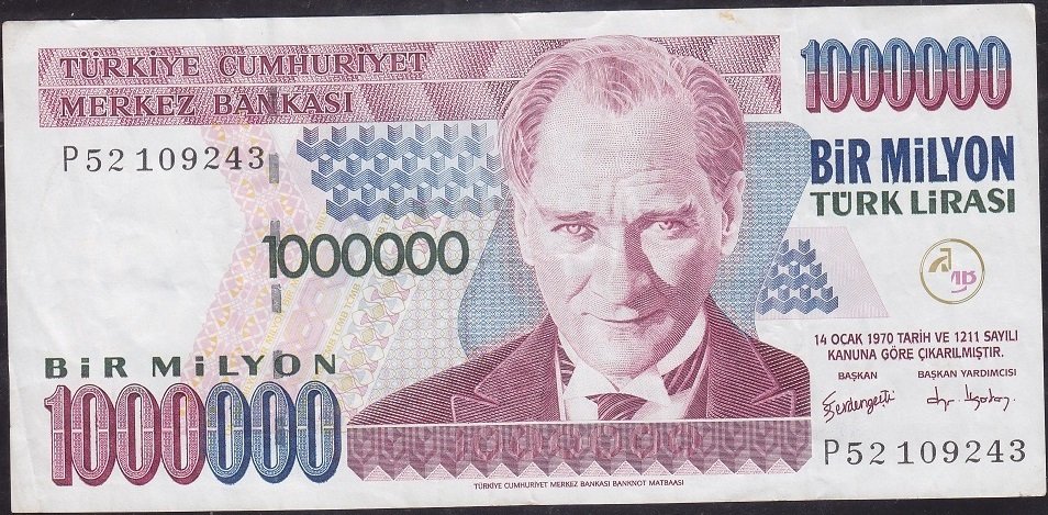 7.Emisyon 3.Tertip 1 000 000 Lira P52 109243 Çok Temiz +