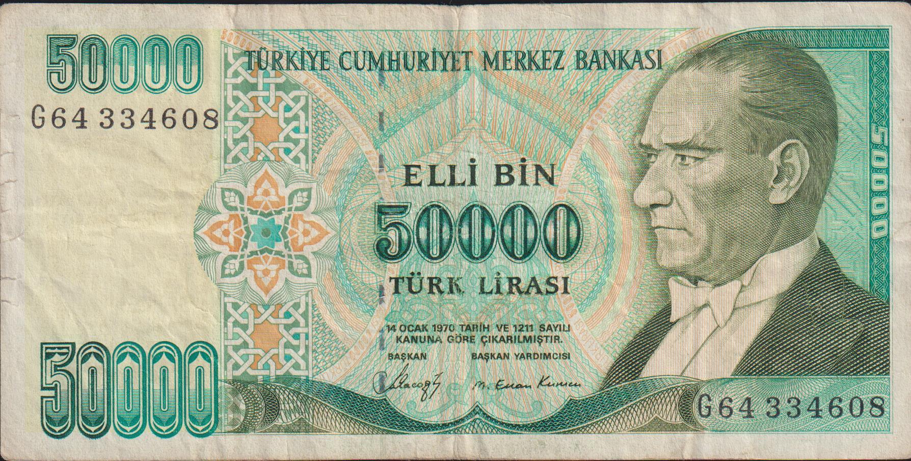 7.Emisyon 1.Tertip 50000 Lira G64 334608 Çok Temiz