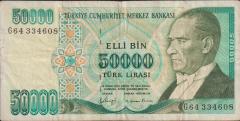 7.Emisyon 1.Tertip 50000 Lira G64 334608 Çok Temiz