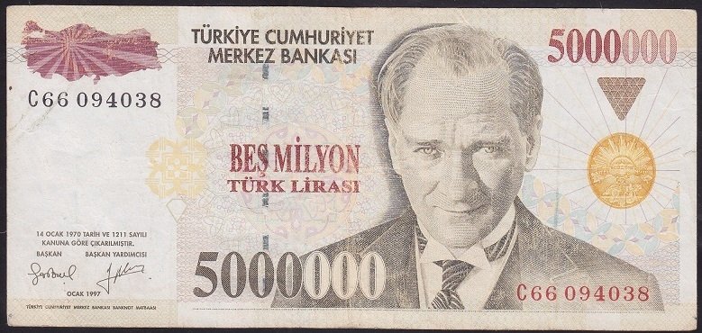 7.EMİSYON 5 000 000 LİRA C66 094038 ÇOK TEMİZ +