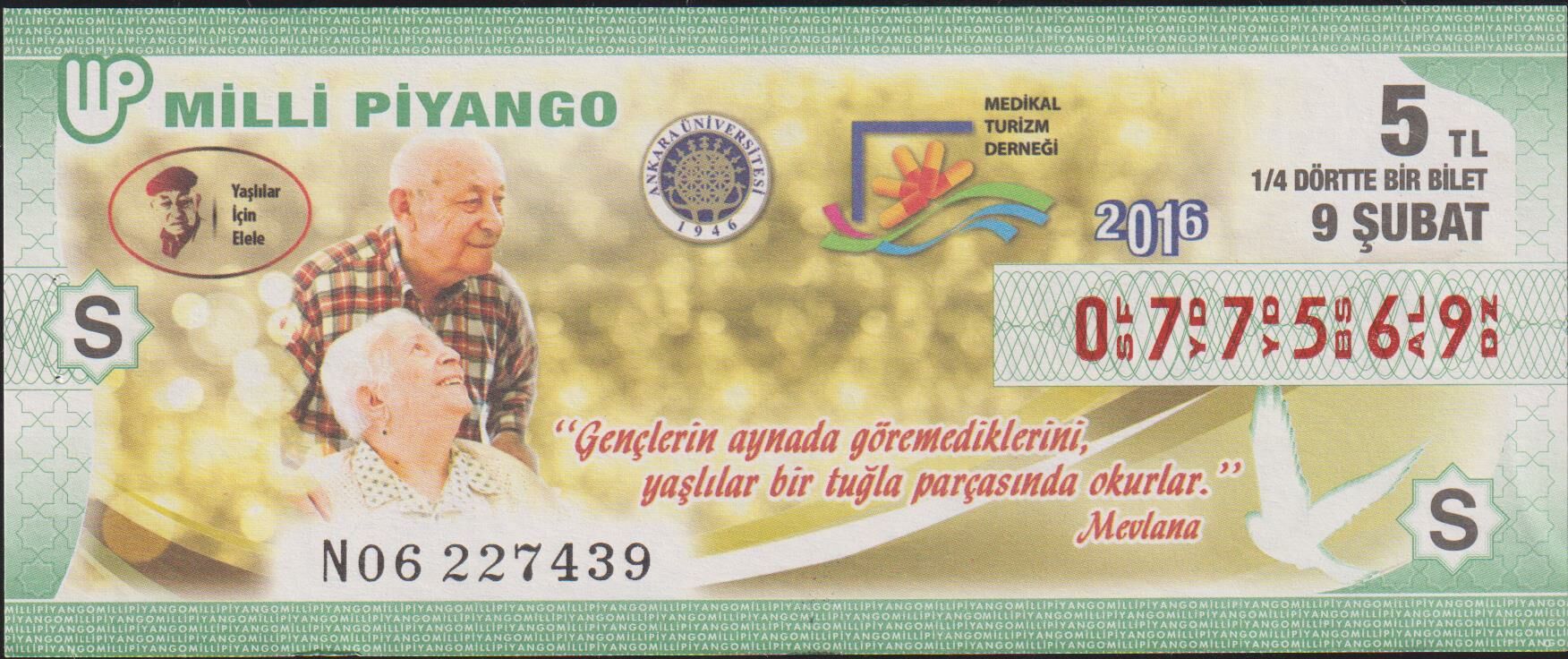 2016 9 Şubat Çeyrek Bilet - S Serisi
