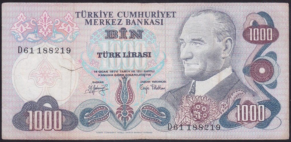 6.EMİSYON 2.TERTİP 1000 LİRA D61 188219 TEMİZ