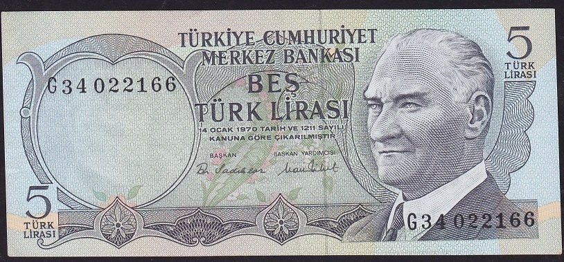6.Emisyon 2.Tertip 5 Lira G34 022166 Ççt Çilaltı