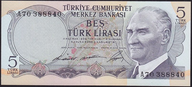6.Emisyon 1.Tertip 5 Lira A70 388840 Çilaltı
